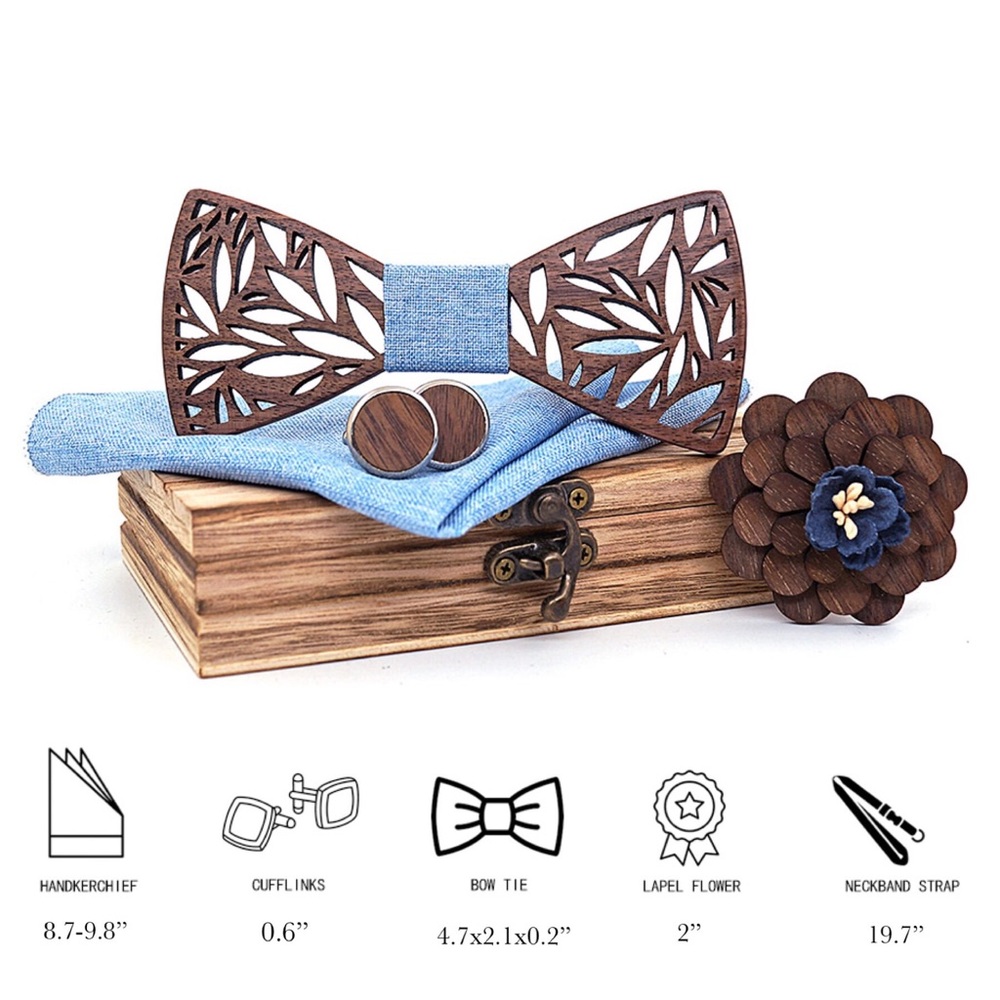 Handmade Wood Butterfly Bow Tie Cufflinks Blue Pocket Square & Boutonnière Set - Picture 16 of 16